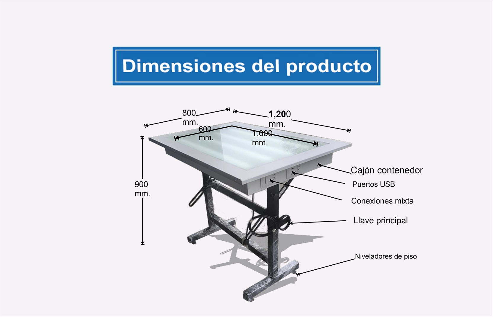 Gráfico medidas de la mesa premium con luz, accesorios