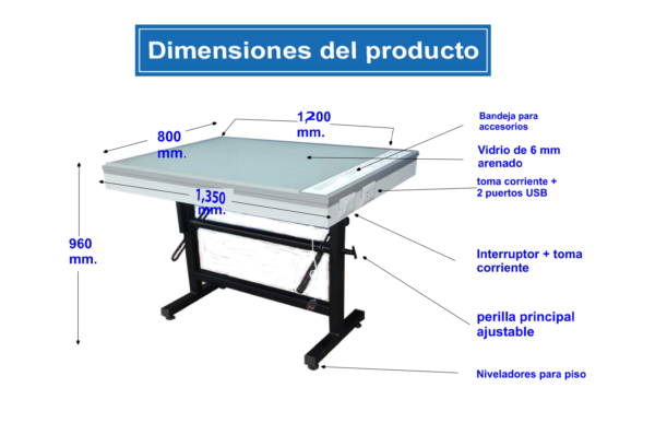 Gráfico y medidas de la mesa premium live modelo estudiante, lleva luces led conexiones mixta.