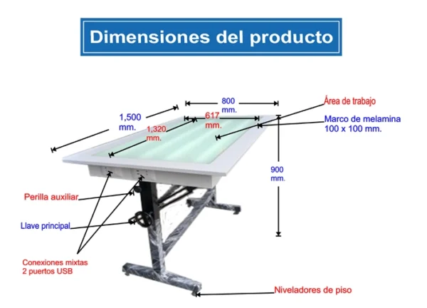 Gráfico y medidas de la mesa premium profesional con luz,