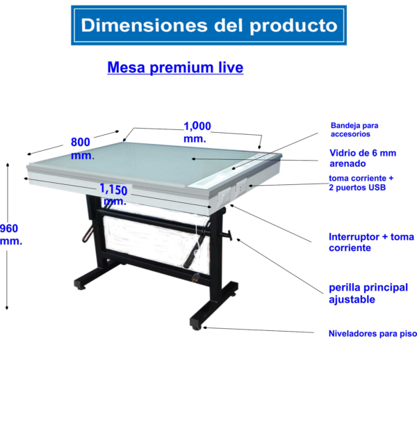 Gráfico y medidas de mesa junior con luces led