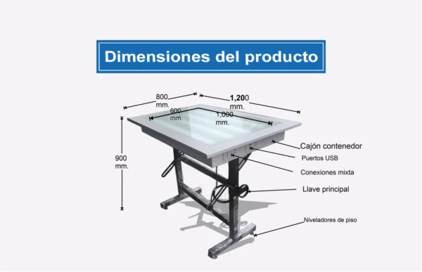 Gráfico y medidas de la mesa de dibujo con luz, Premium estudiante.