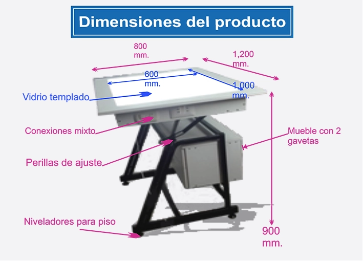 Gráfico de medidas mesa office con luz