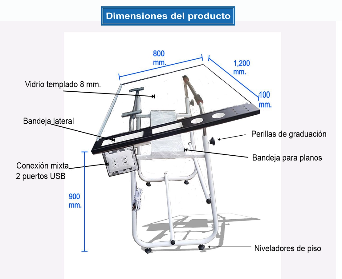 Medidas gráficas de la mesa gloss equipado